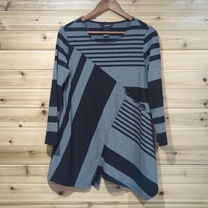 Ali Miles Top Womens XS Black Gray Striped Asymmetrical Blouse Art to Wear